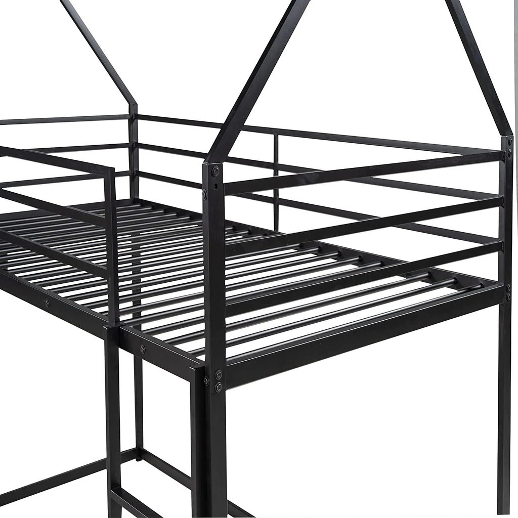 Black Metal Frame Floor Bunk Bed with Slide and Built-In Ladder J27250