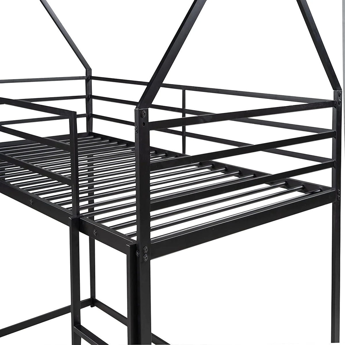 Black Metal Frame Floor Bunk Bed with Slide and Built-In Ladder J27250