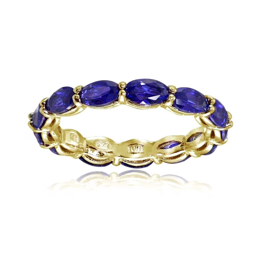 Blue Sapphire 5x3mm Oval-Cut Stackable Eternity Band Ring 925 Sterling Silver Yellow Gold Plated Gemstone Jewelry X408