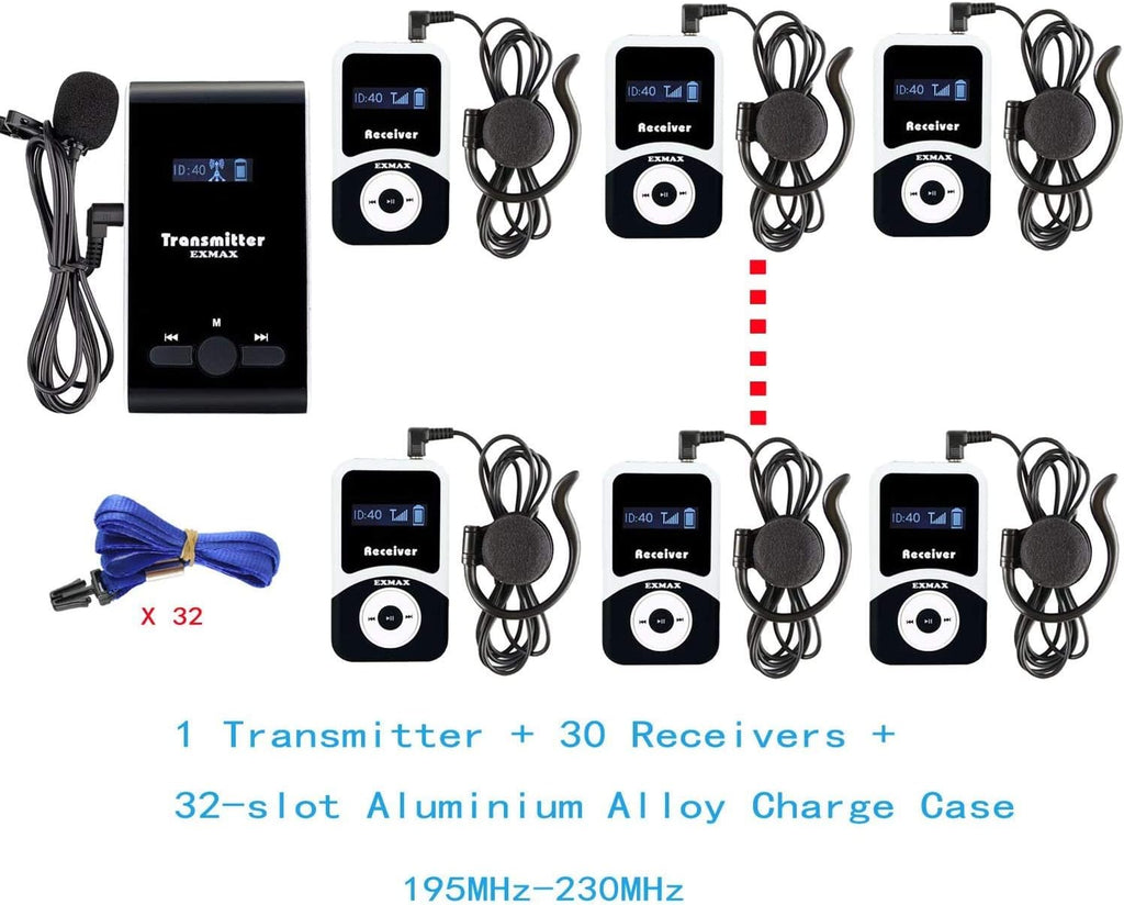 Wireless Tour Guide Voice Audio Transmission System with 32-slot Charge Case (2 Transmitters and 30 Receivers) F38577