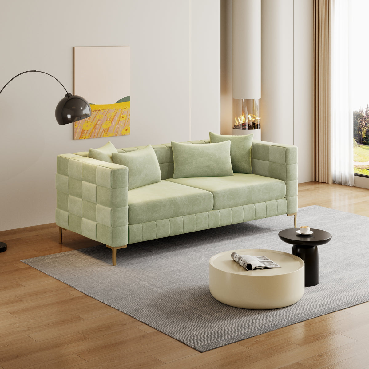 Medium Spring Bud Green Upholstered Sofa with 4 Pillows and Golden Metal Legs J7900