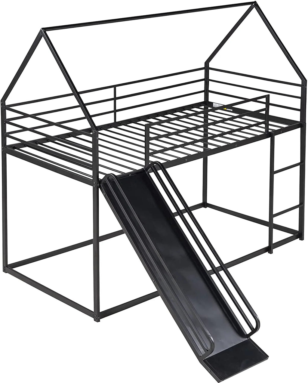 Black Metal Frame Floor Bunk Bed with Slide and Built-In Ladder J27250