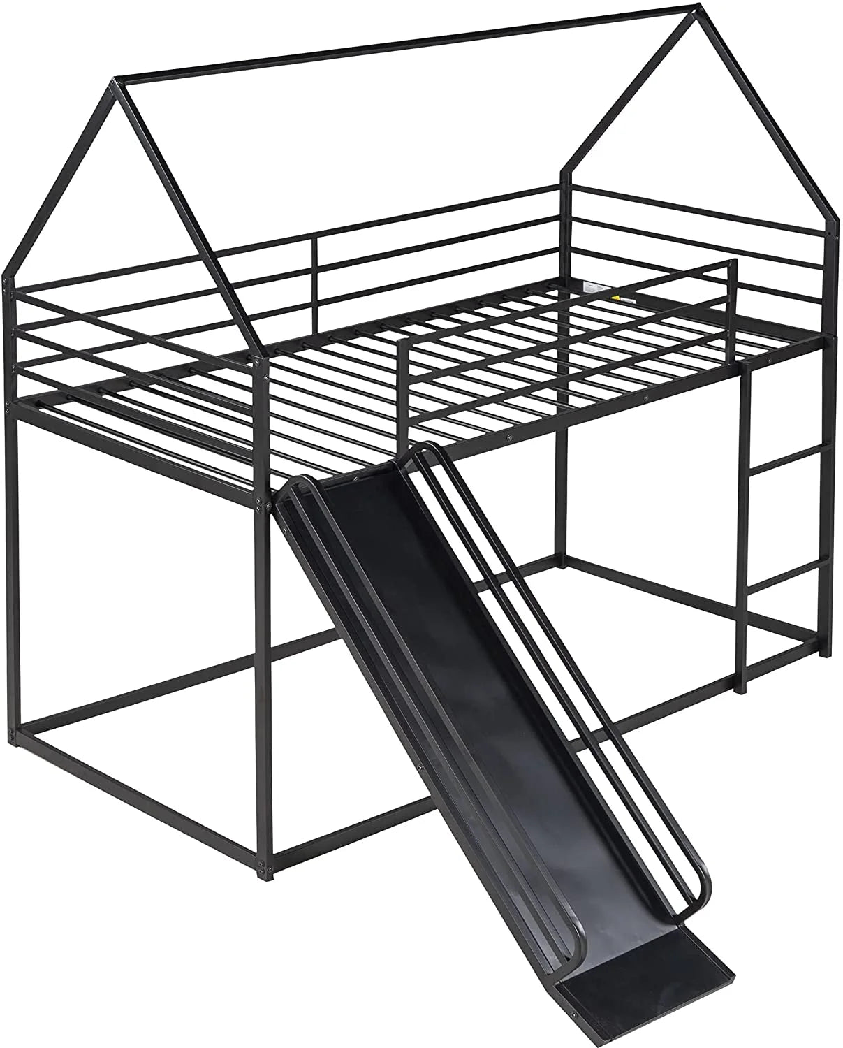 Black Metal Frame Floor Bunk Bed with Slide and Built-In Ladder J27250