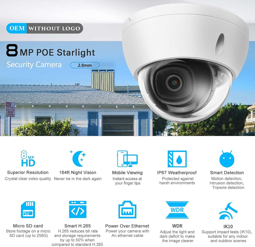 8MP Starlight POE IP Outdoor Dome Camera with 2.8mm Fixed Lens M81288