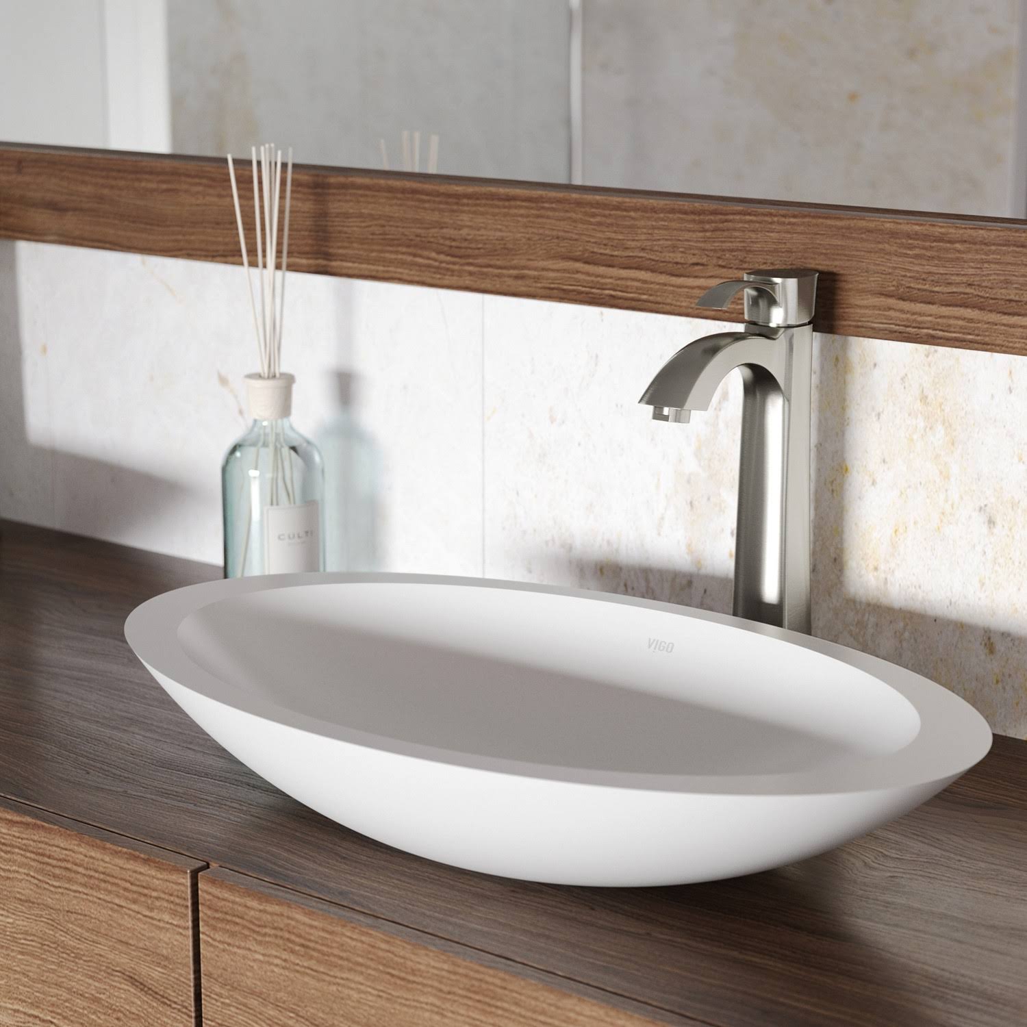 White Matte Stone Vessel Bathroom Sink D7457