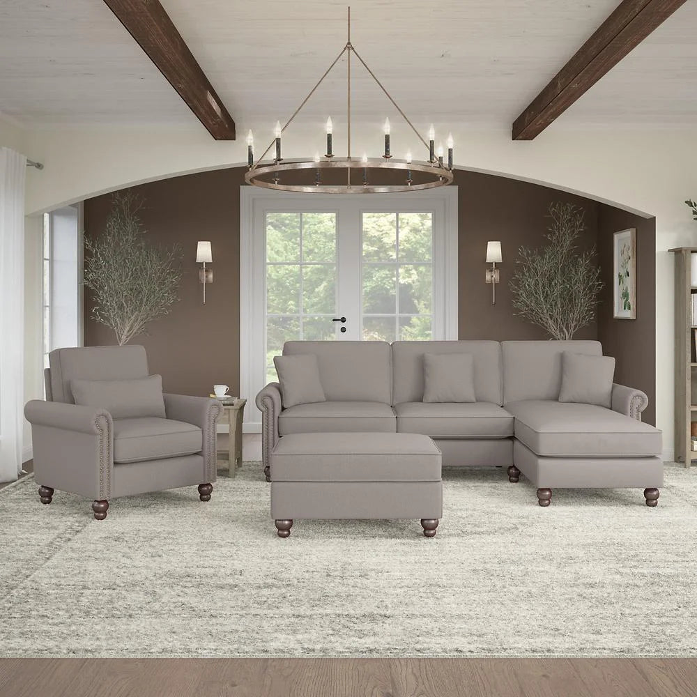 Beige Herringbone Fabric Sectional Couch with Ottoman T685
