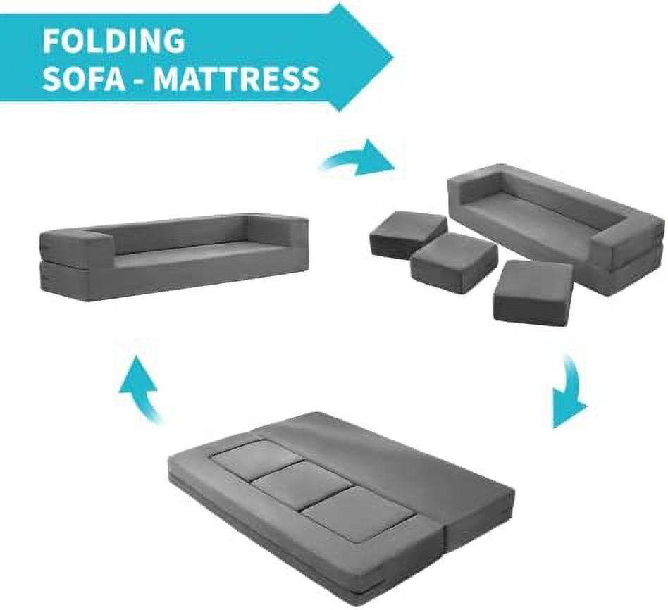 Velvet Convertible Floor Sofa Bed with 3 Ottomans Memory Foam Pull Out Couch Q81441