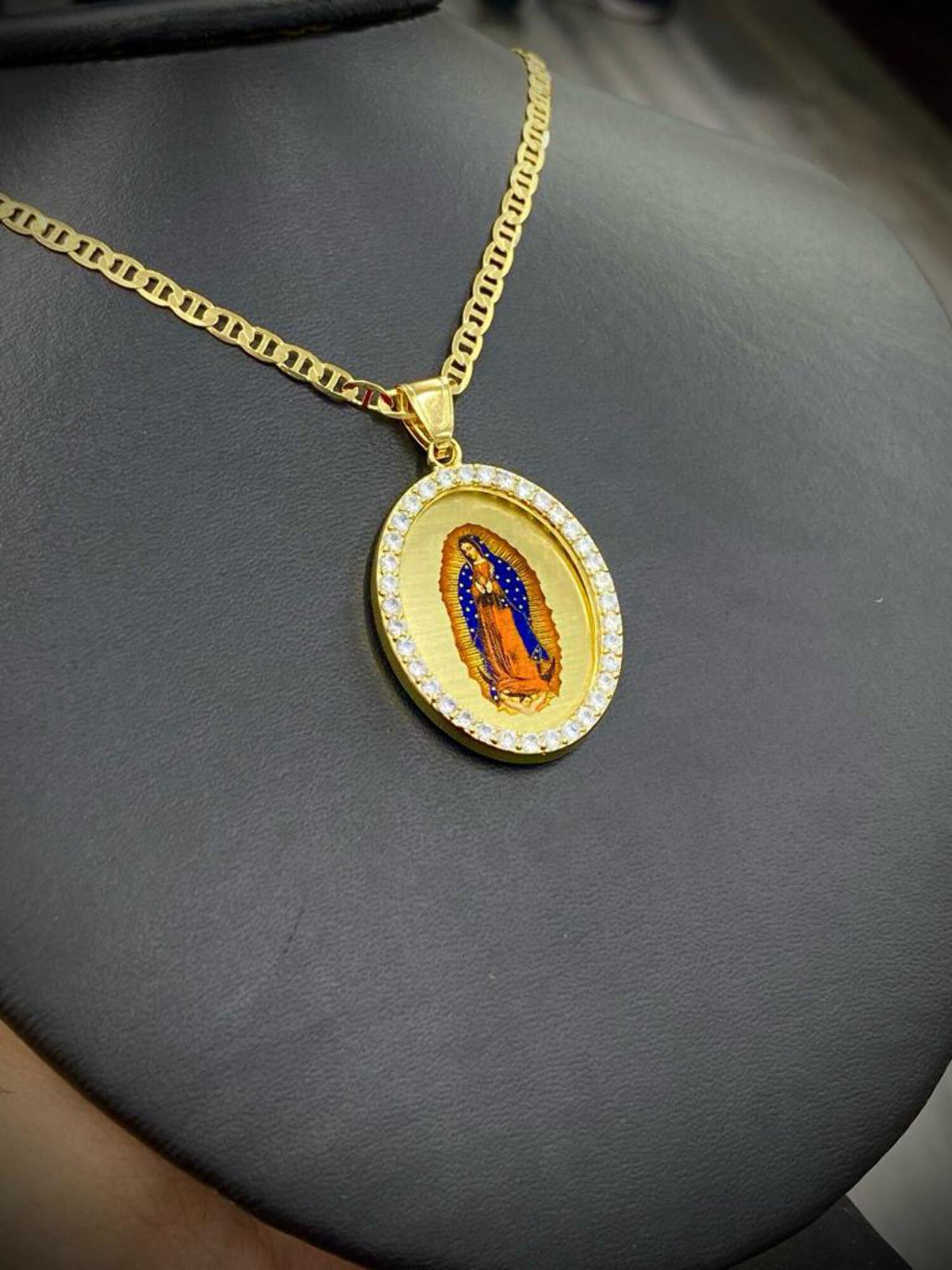 14K Gold Filled Virgen De Guadalupe Necklace CZ Mariner Chain Enamel 20" D640424