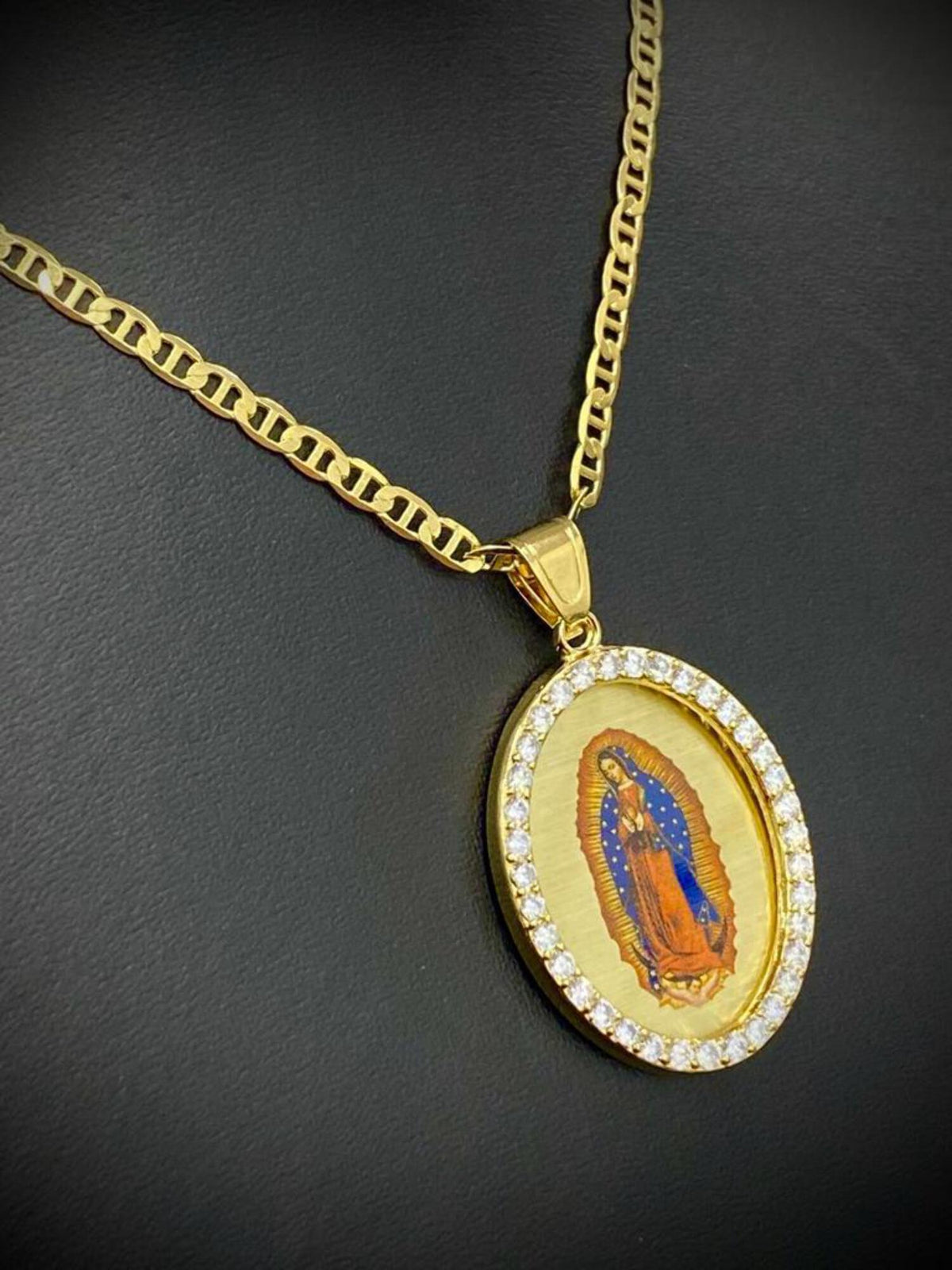 14K Gold Filled Virgen De Guadalupe Necklace CZ Mariner Chain Enamel 20" D640424