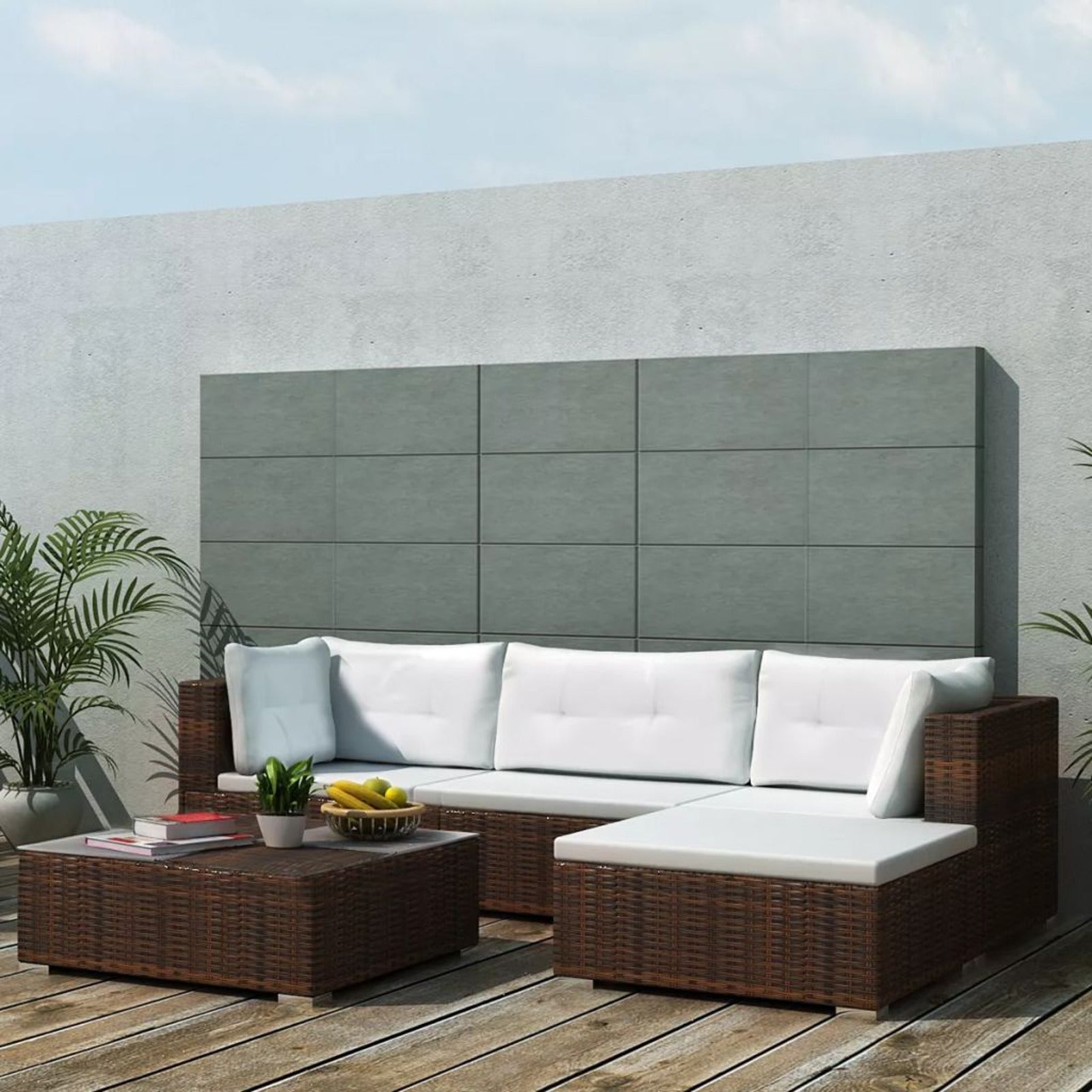 5 Piece Outdoor Sectional Sofa Lounge with Coffee Table and Ottoman Set Cushioned Poly Rattan E3985