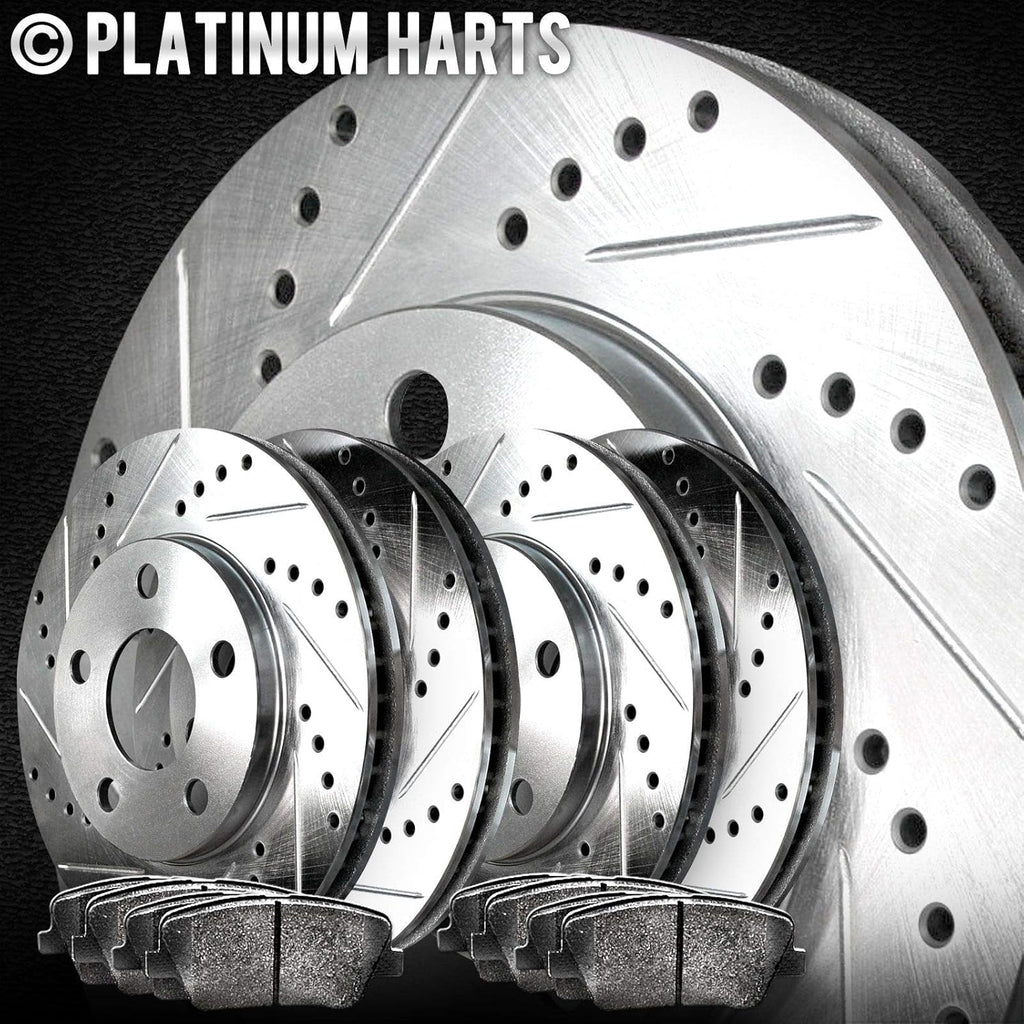 Front and Rear Brake Rotors Silver Drilled Slotted Semi Metallic Brake Pads V807