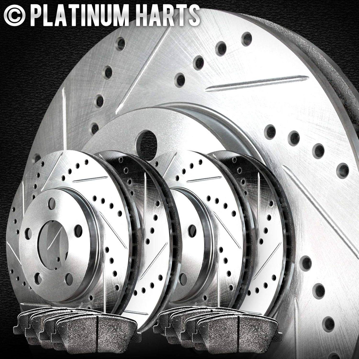 Front and Rear Brake Rotors Silver Drilled Slotted Semi Metallic Brake Pads V807