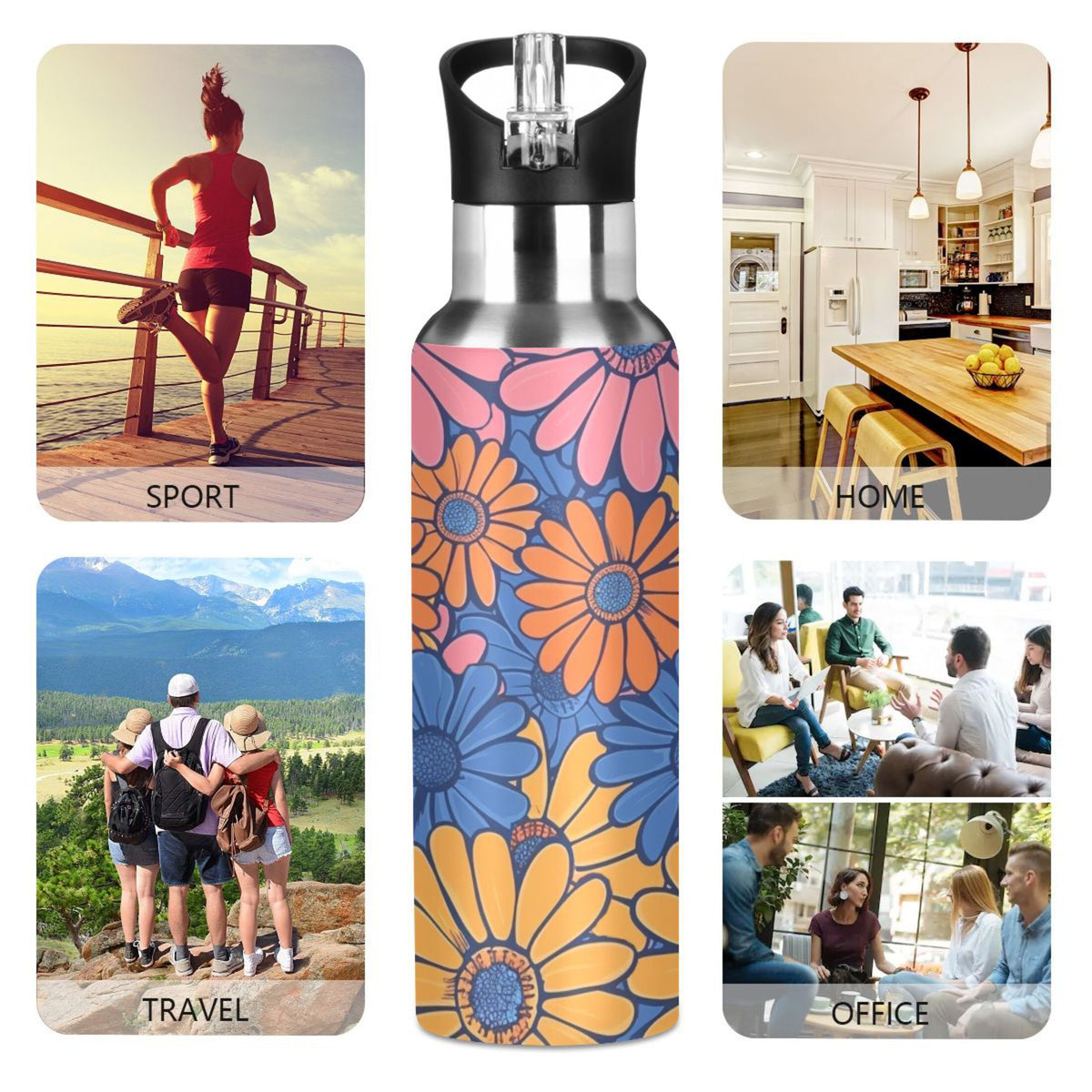 Blue and Pink Insulated Stainless Steel Water Bottle with Straw Lid, 20 oz O24847