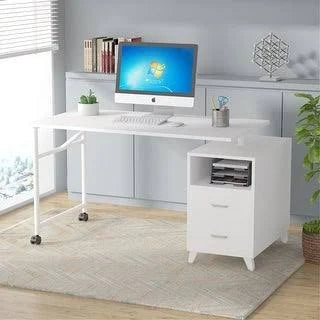 White Rotating Computer Desk with Cabinet Drawers F1390