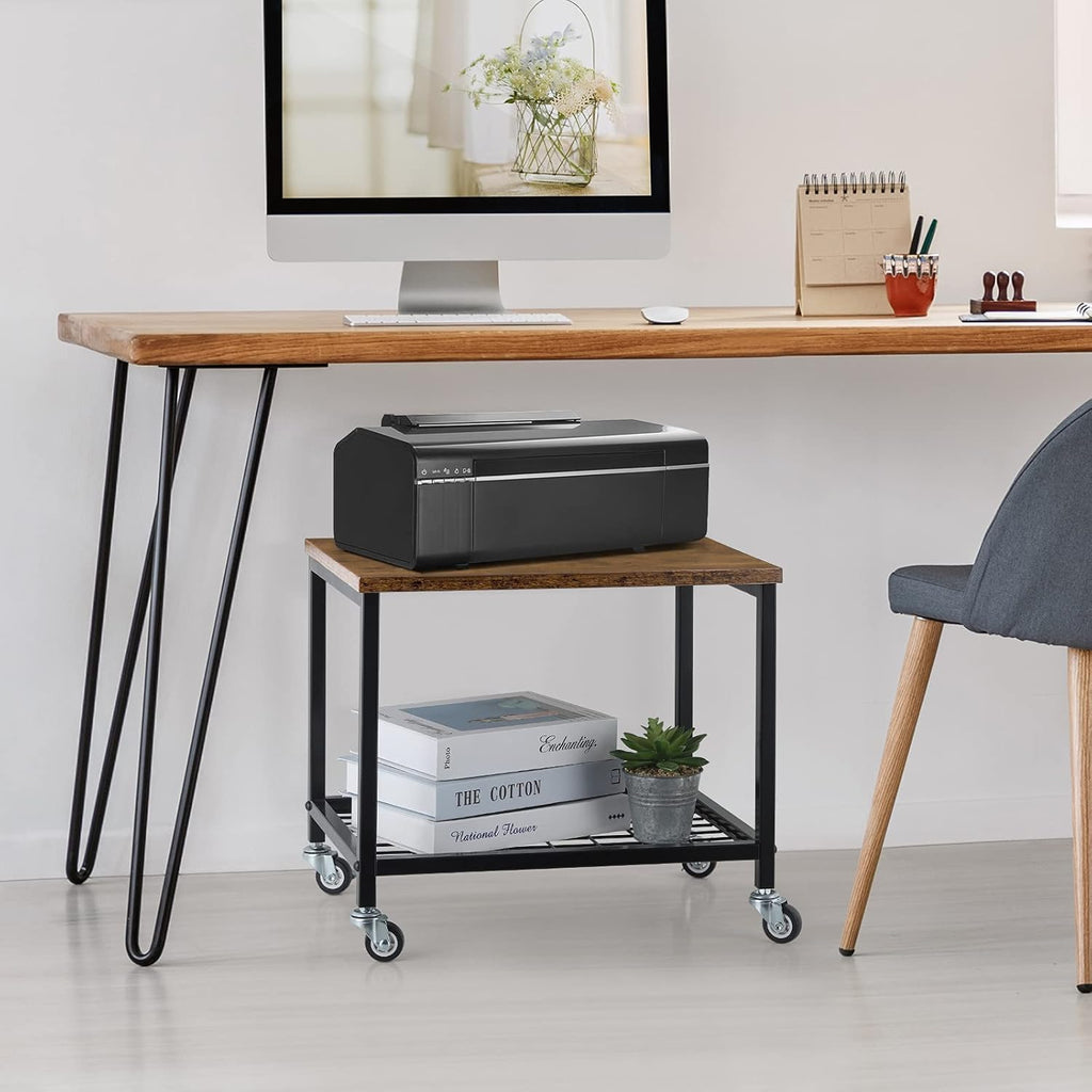 Rustic Brown and Black 2 Tier Printer Stand with Lockable Casters K127