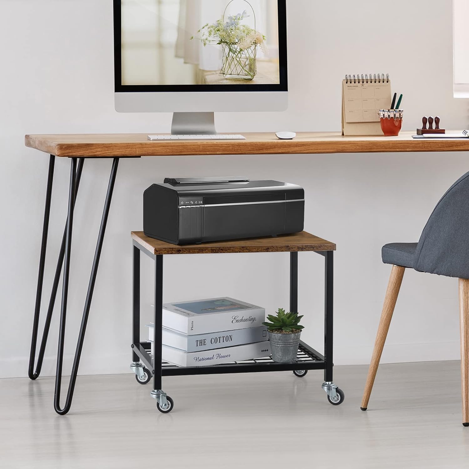 Rustic Brown and Black 2 Tier Printer Stand with Lockable Casters K127