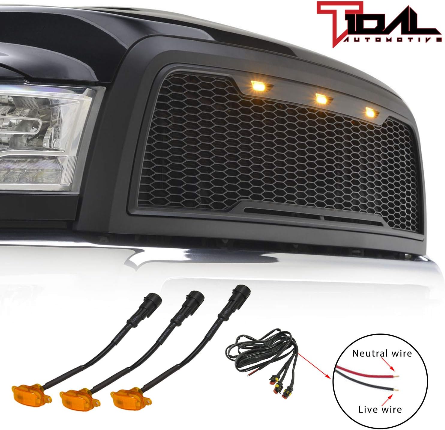 Matte Black ABS Upper Grille Front Hood Grill with Amber LED Lights T648691