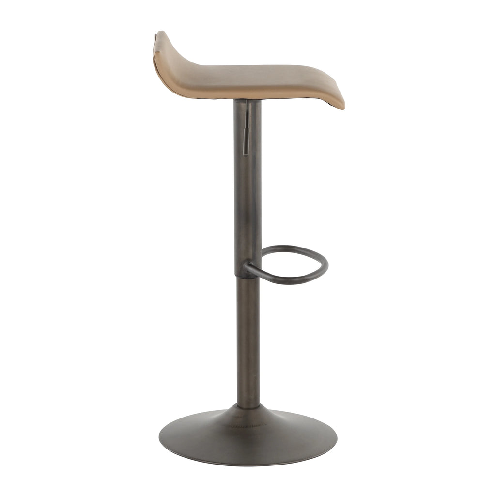 Industrial Barstool in Antique Metal and Camel Faux Leather, Set of 2 C873