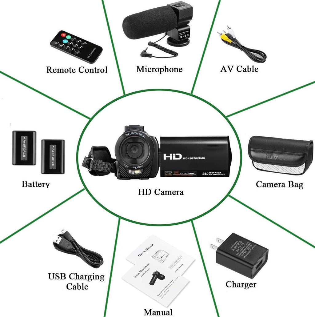 Full HD 1080P 24MP 30FPS 16X Zoom Digital Camera with 3.0 Inch 270° Rotation IPS Screen, Fill Light, Microphone, 2.4G Remote, 2 Batteries A5391