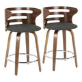 Mid-Century Modern Counter Stool With Swivel In Walnut And Charcoal Fabric - Set Of 2 T57983