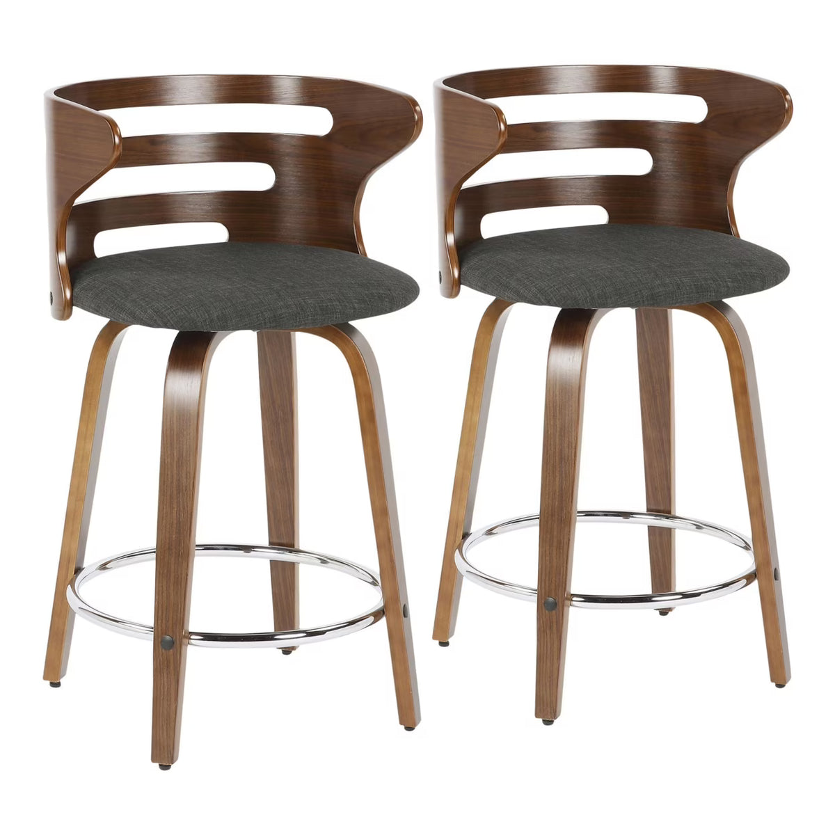 Mid-Century Modern Counter Stool With Swivel In Walnut And Charcoal Fabric - Set Of 2 T57983