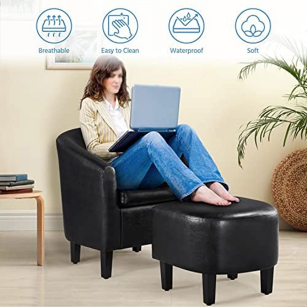 Black PU Leather Barrel Accent Chair with Ottoman Footrest Set S64071