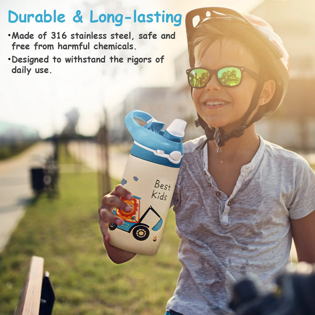 13.5Oz Insulated Stainless Steel Kids Water Bottle with Straw R9545
