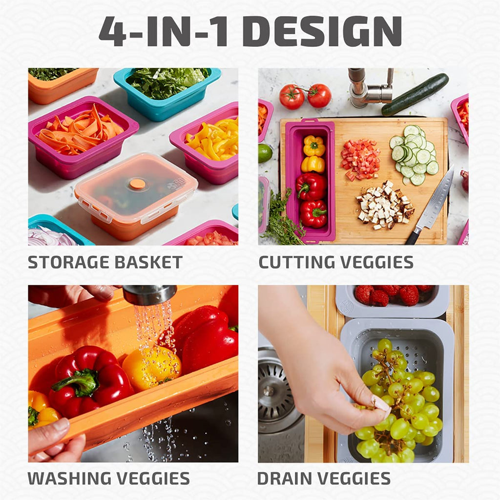Bamboo Cutting Board With Containers Set Of 9 Over The Sink Chopping Board With Collapsible Strainers O7473