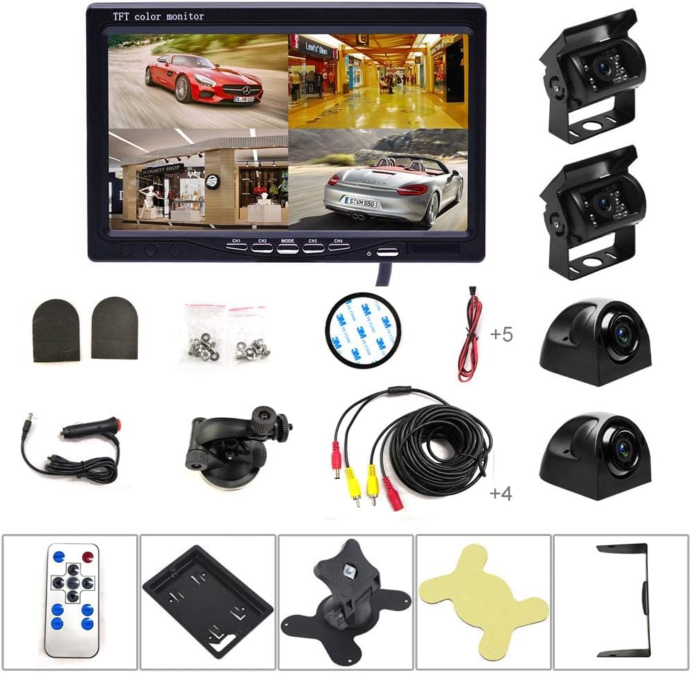 7 LCD Split Screen Backup Camera Monitor Kit with 4 Rear Cameras O12829