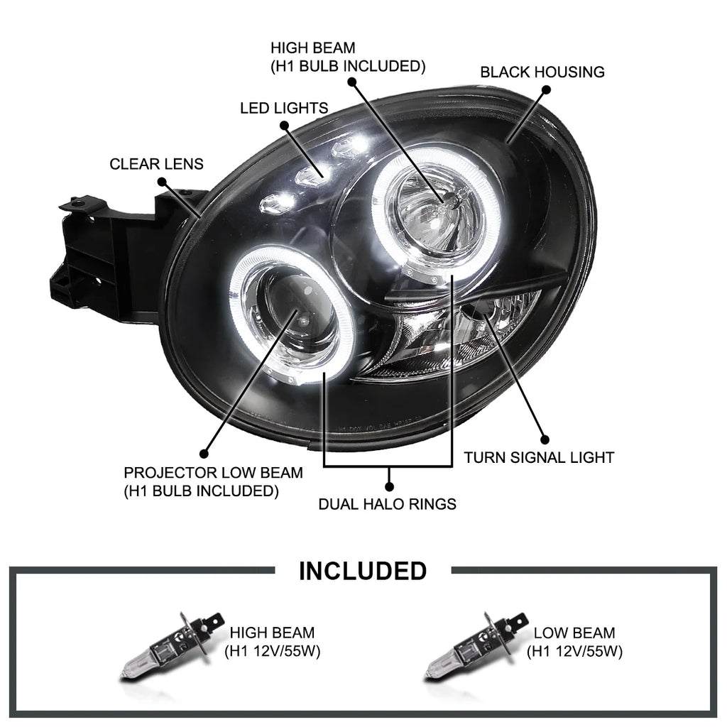 Black LED Dual Halo Projector Headlights Pair Assembly V2691