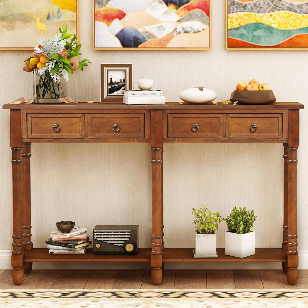 Walnut Rectangular Console Table with Drawers and Long Shelf C435787