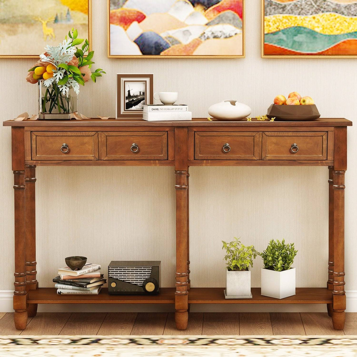 Walnut Rectangular Console Table with Drawers and Long Shelf C435787