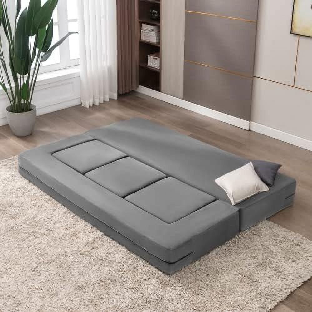 Velvet Convertible Floor Sofa Bed with 3 Ottomans Memory Foam Pull Out Couch Q81441