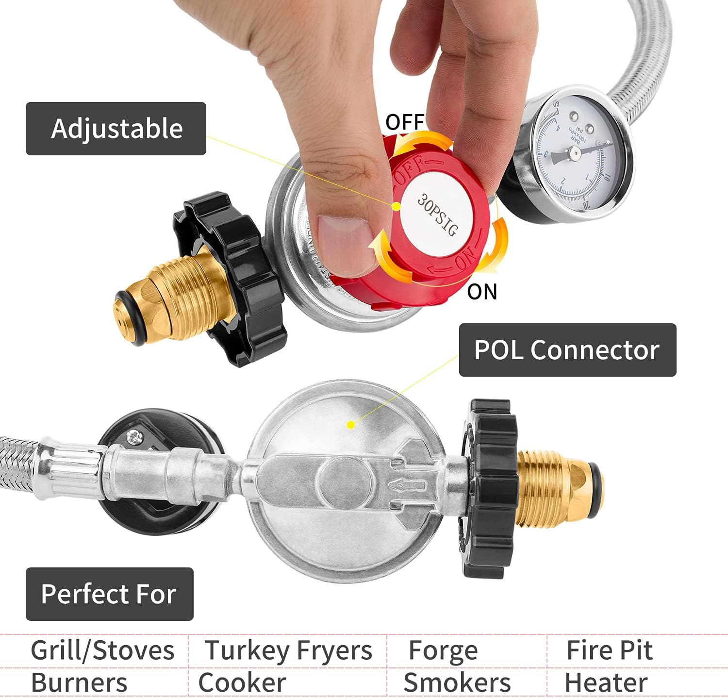12 Foot High Pressure Adjustable Propane Regulator 0-30 PSI with Gauge W5970