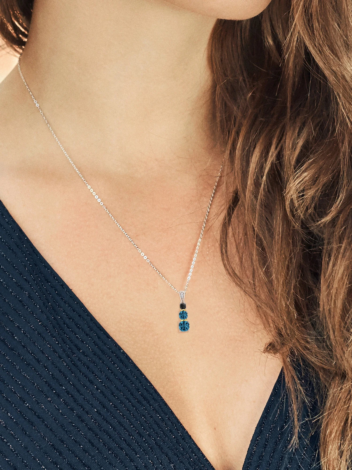 London Blue Topaz 925 Silver 10K Yellow Gold Diamond Pendant with Chain G321758