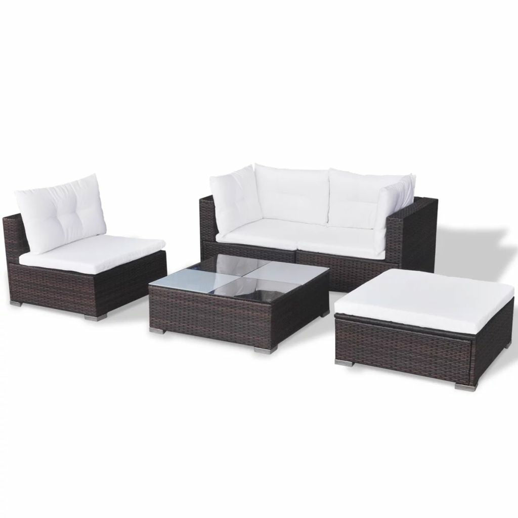 5 Piece Outdoor Sectional Sofa Lounge with Coffee Table and Ottoman Set Cushioned Poly Rattan E3985