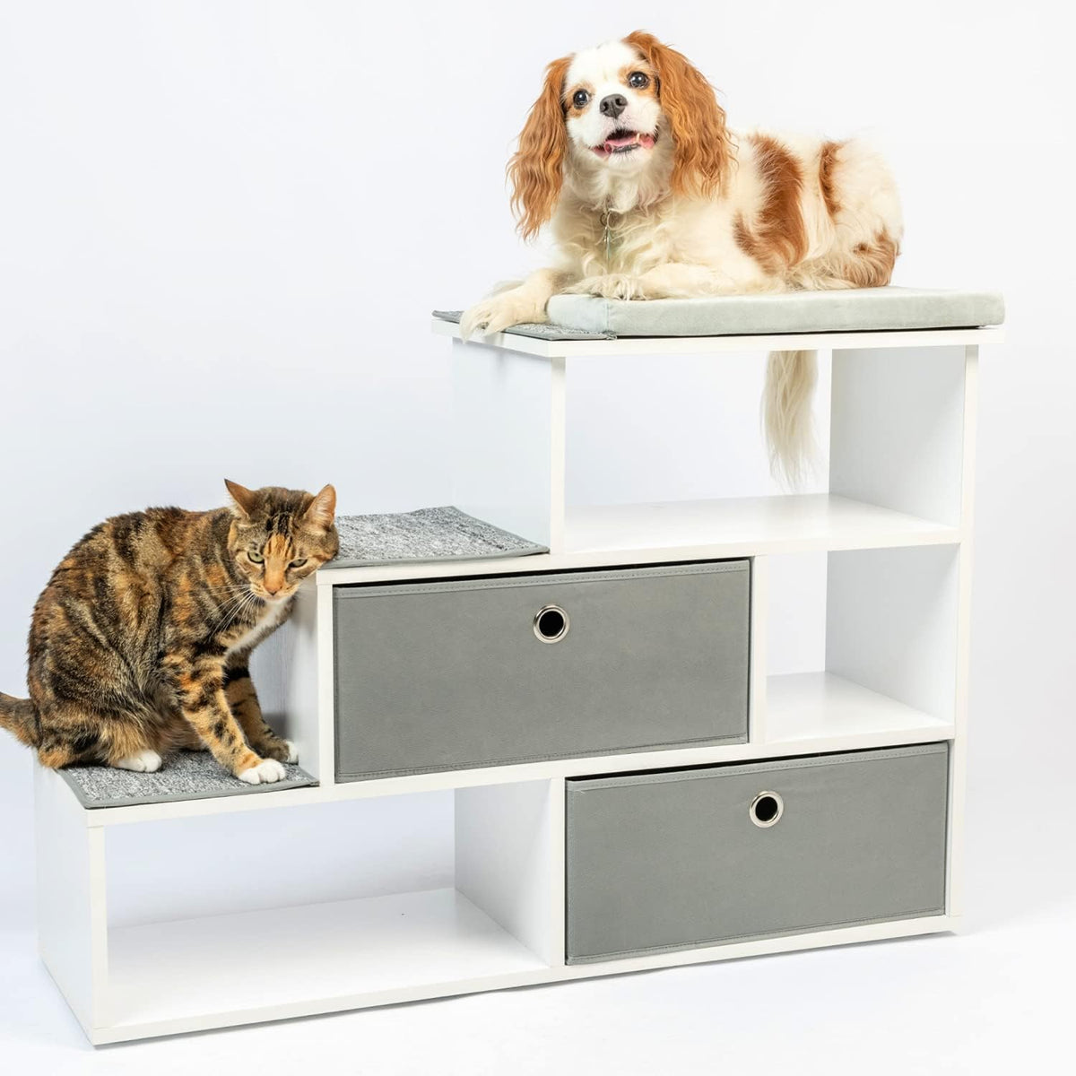 Pet Step Window Perch Bookshelf with Storage Baskets, 28” Tall Dog & Cat Perch, 8” Stair Height, Carpeted Step Pads, 1” Thick Premium Foam Perch Pad T225424