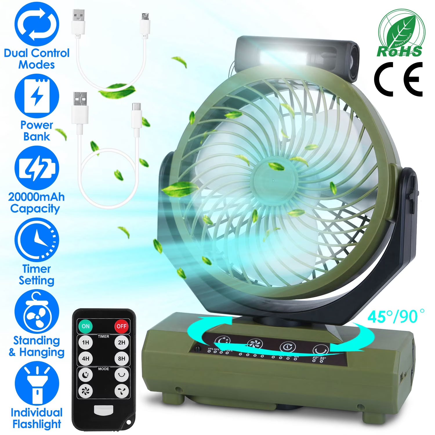 Portable Rechargeable Camping Fan with Flashlight Power Bank V9838