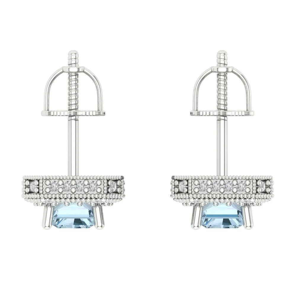 18K White Gold Emerald Cut Halo Stud Earrings A386