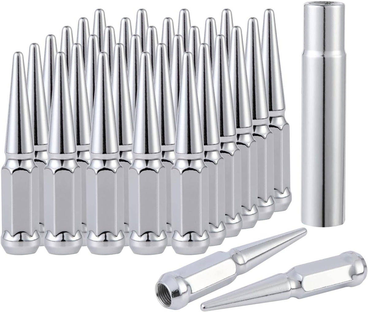 M14x1.5 Spike Lug Nuts with Cone Seat, 3/4" 19mm Hex, Chrome, Set of 24 R445933