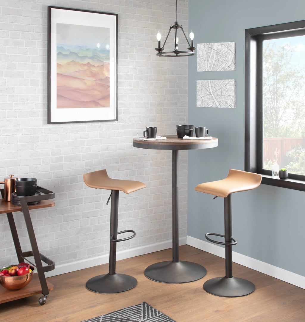 Industrial Barstool in Antique Metal and Camel Faux Leather, Set of 2 C873