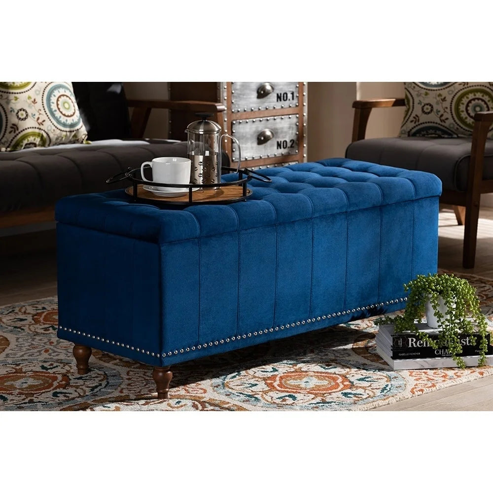 Navy Blue Velvet Button-Tufted Storage Ottoman Bench P3625