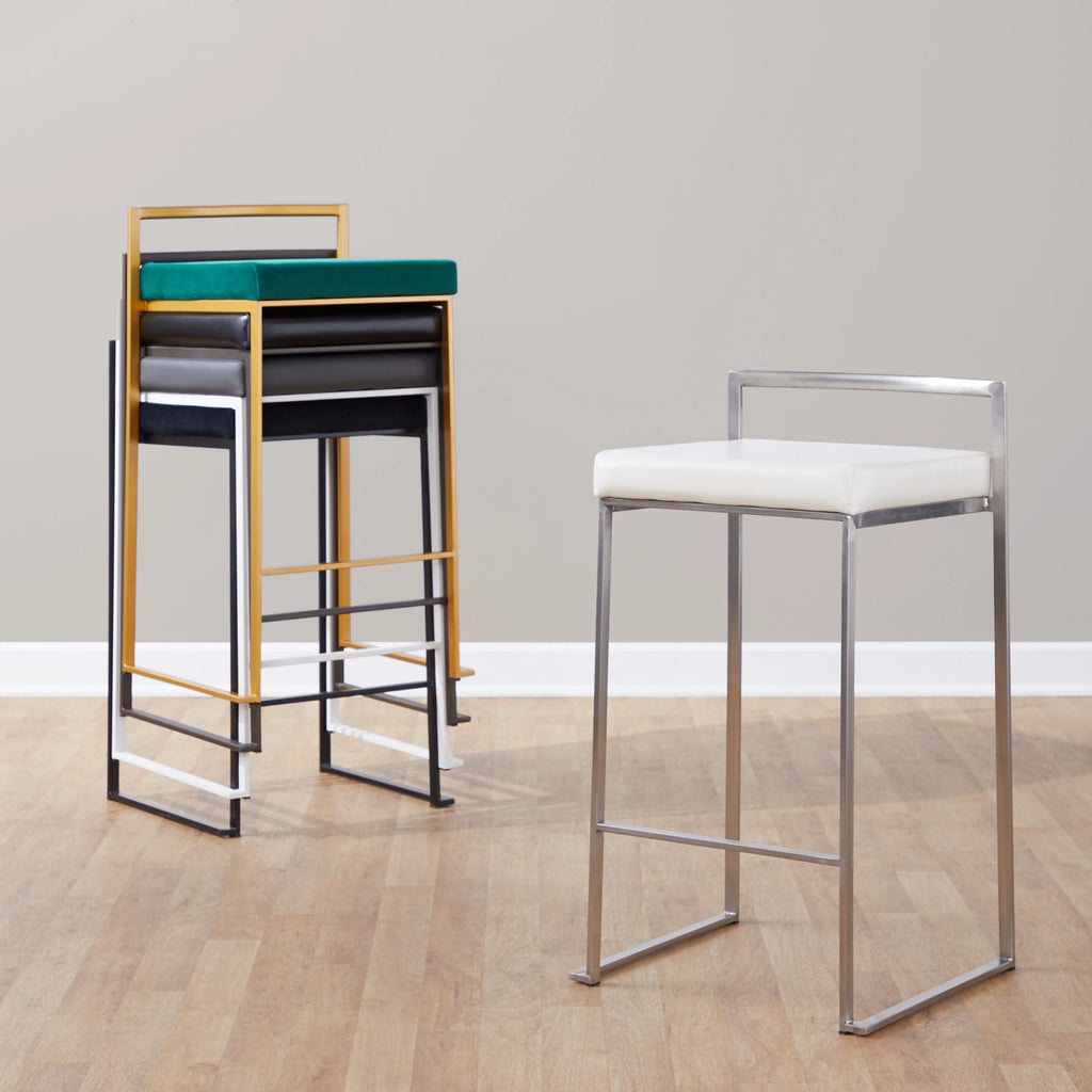 White Stackable Counter Stool with Faux Leather Cushion, Set of 2 C8174