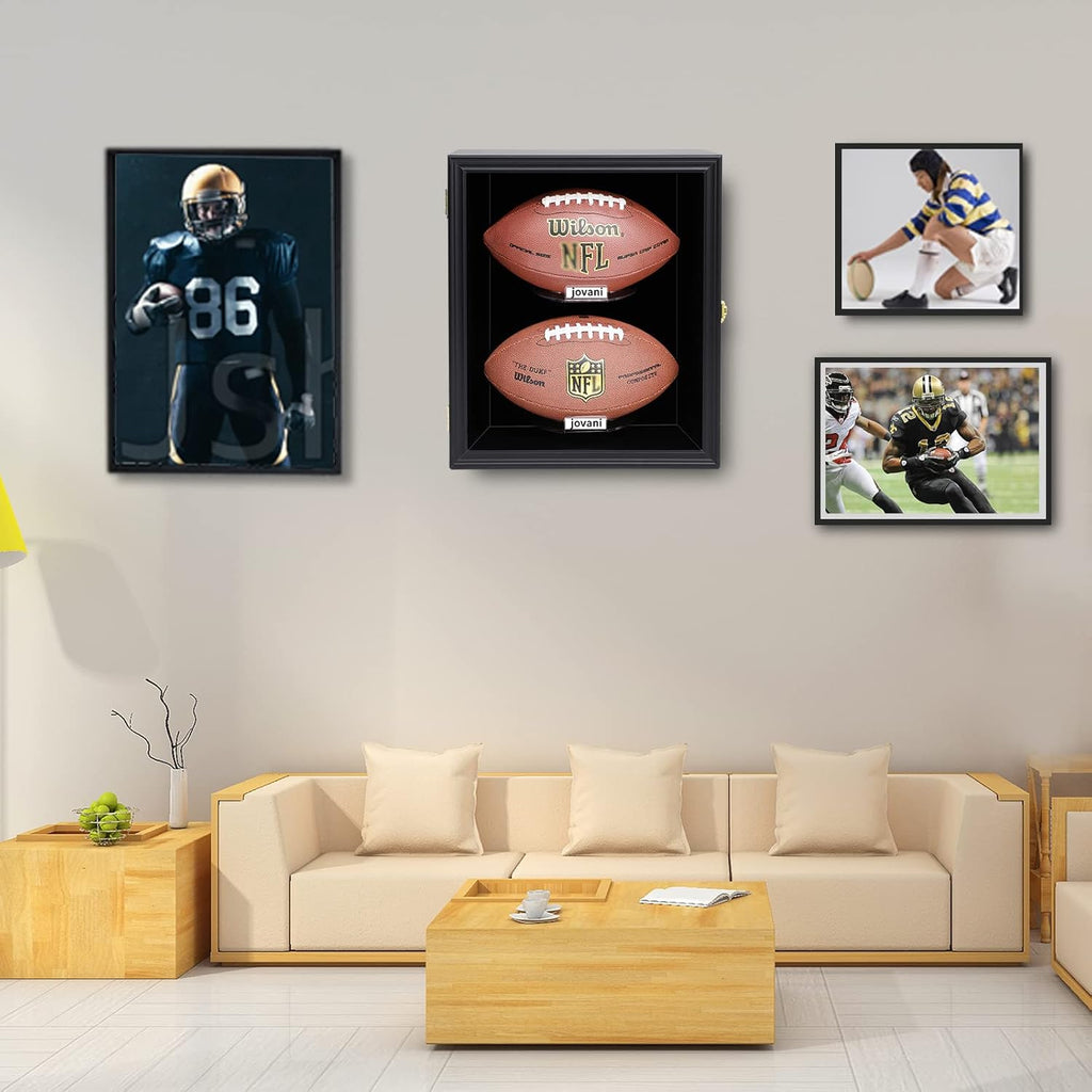 2 Football Display Case Wall Mount Lockable Wood with UV Acrylic Door O54593