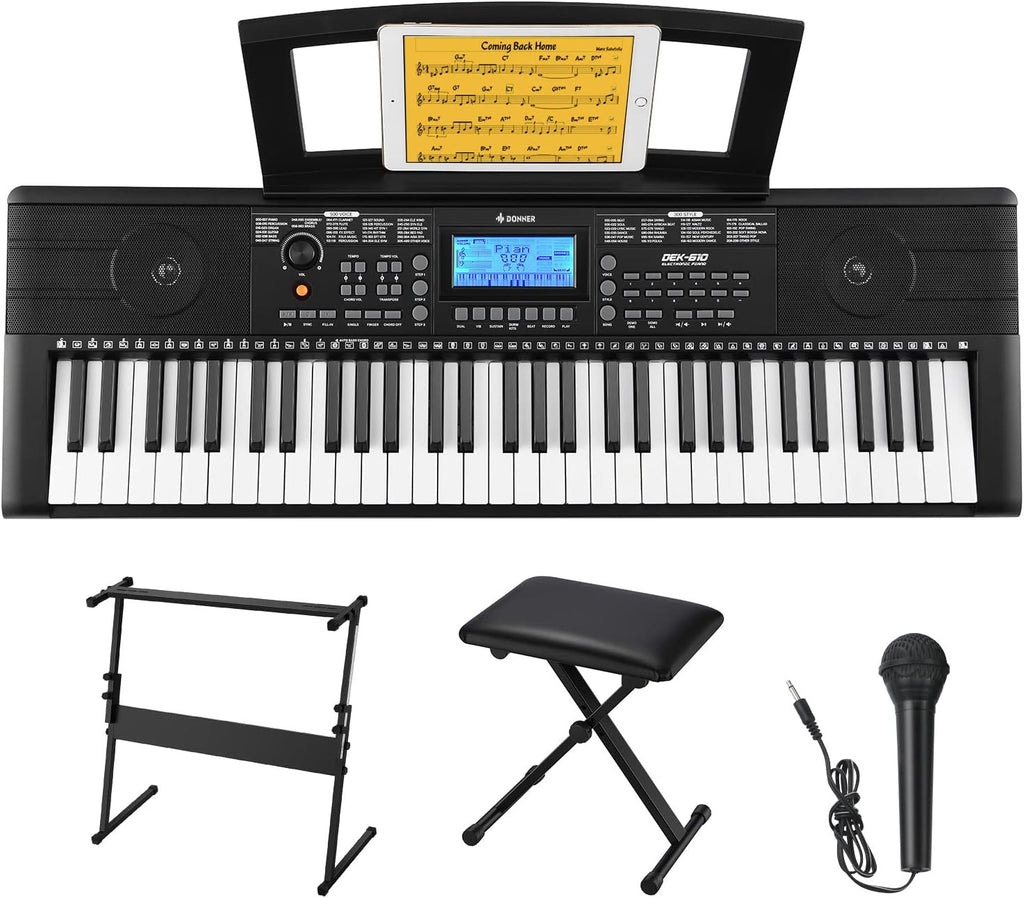 61 Key Full Size Electric Piano with Piano Stand, Stool, Microphone X688