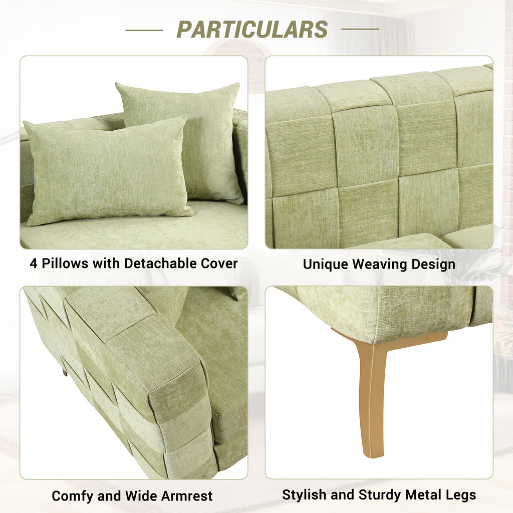 Medium Spring Bud Green Upholstered Sofa with 4 Pillows and Golden Metal Legs J7900