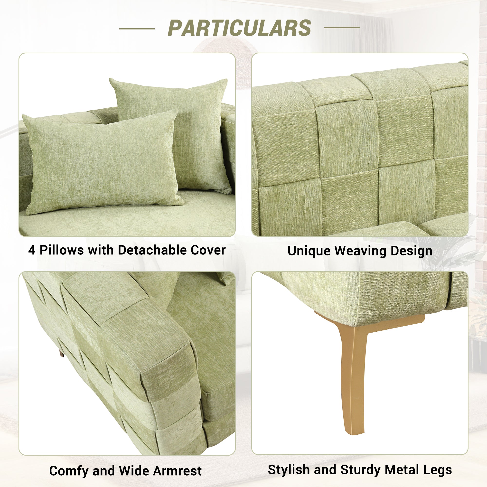 Medium Spring Bud Green Upholstered Sofa with 4 Pillows and Golden Metal Legs J7900
