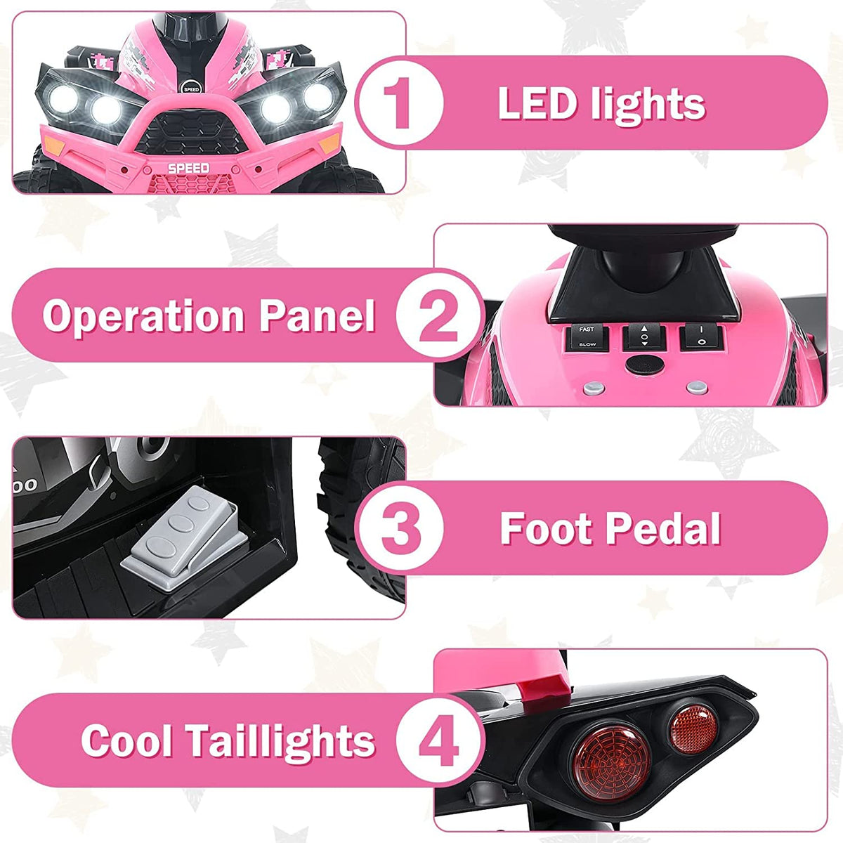 12V 4 Wheeler Quad Toy Ride On ATV with LED Lights (Coral) A7644