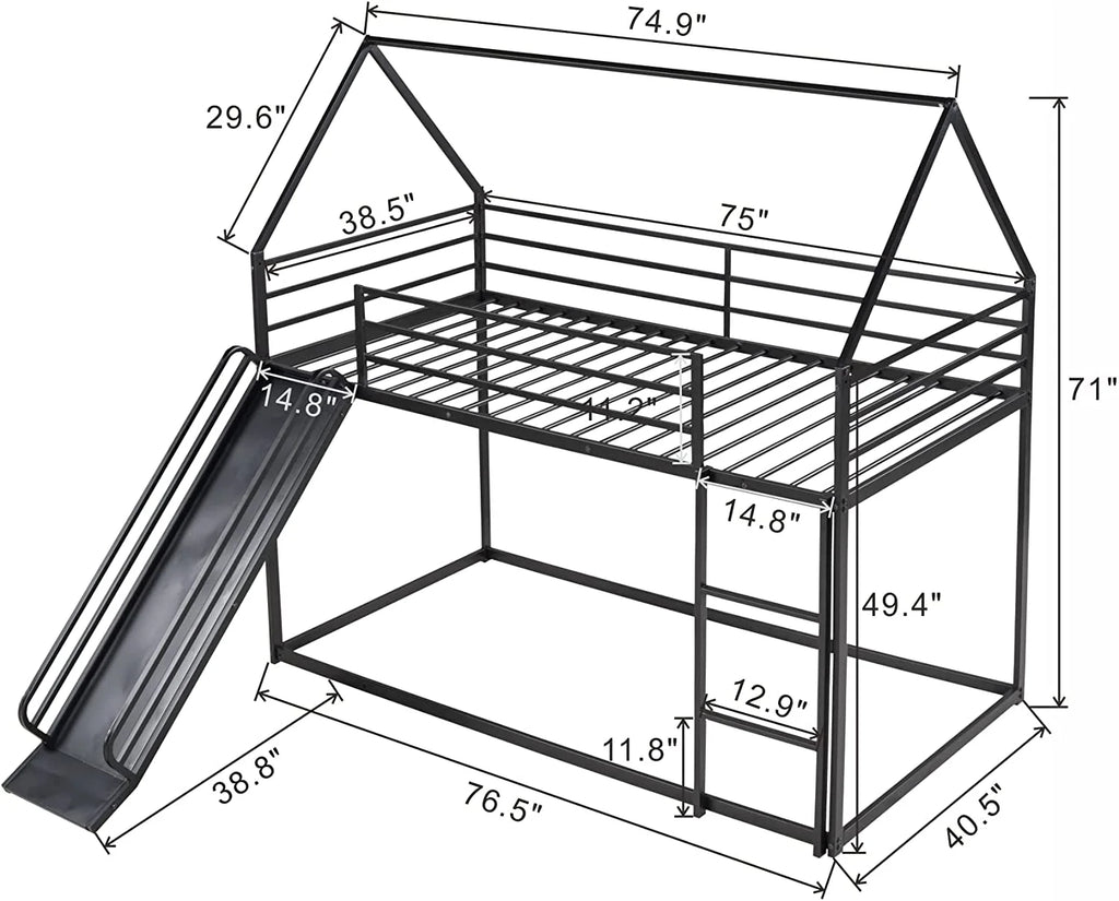 Black Metal Frame Floor Bunk Bed with Slide and Built-In Ladder J27250