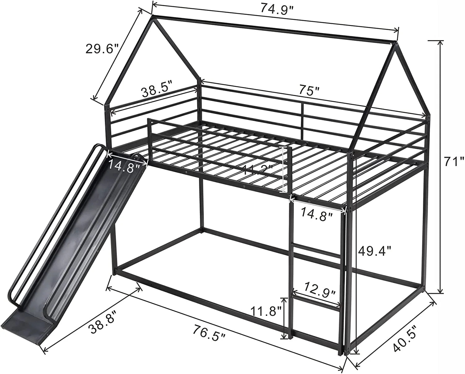 Black Metal Frame Floor Bunk Bed with Slide and Built-In Ladder J27250